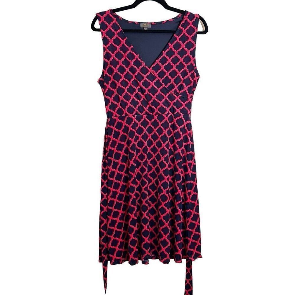 Mix by 41 Hawthorn blue & red wrap bodice sleeveless lined dress w self tie M